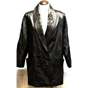 Vtg 80s ECHTES Leder Women's Leather Trench Coat Jacket Embroidered Detail Sz S